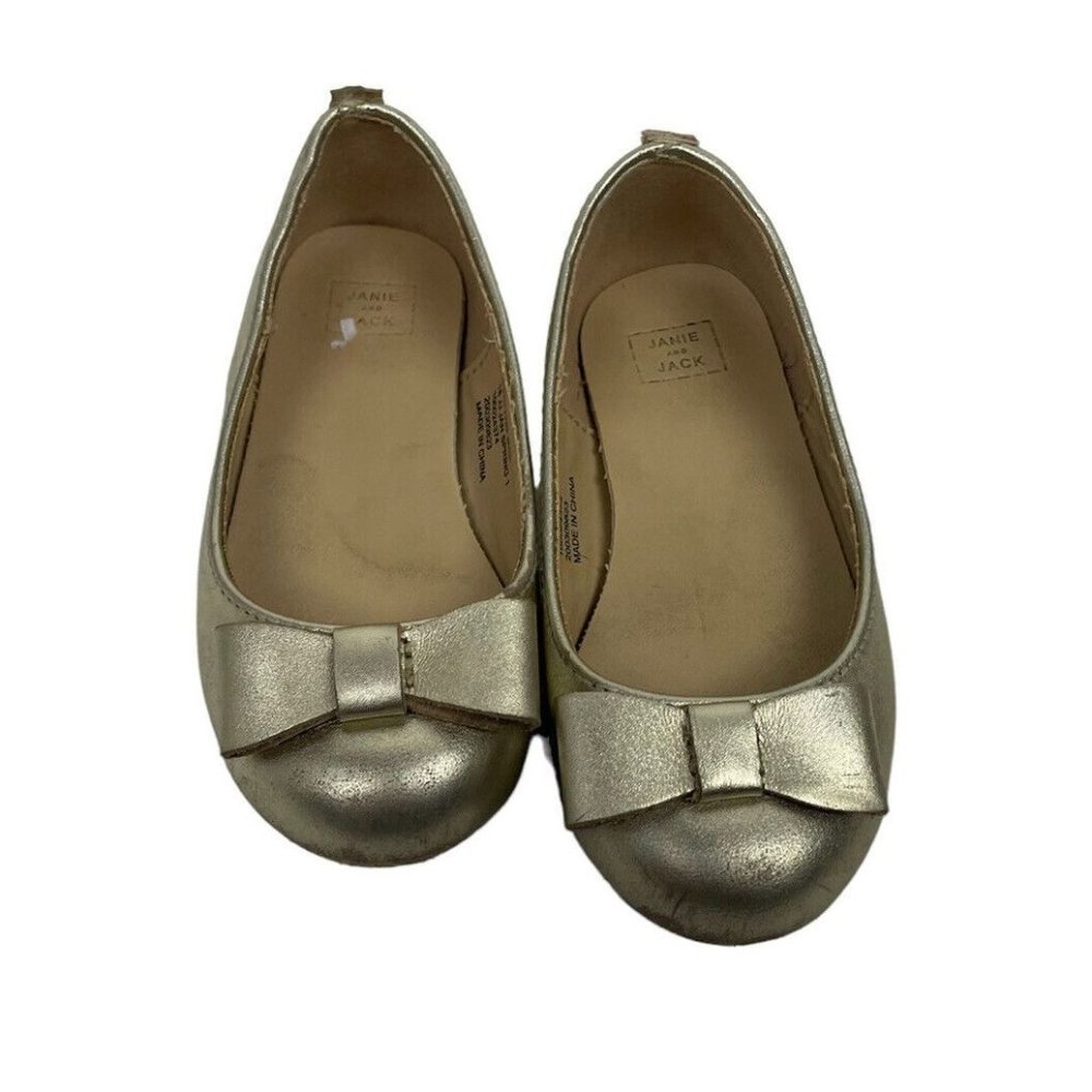 Janie Jack Gold Metallic Bow Ballet Flat Shoes Leather Holiday Toddler Girl 6